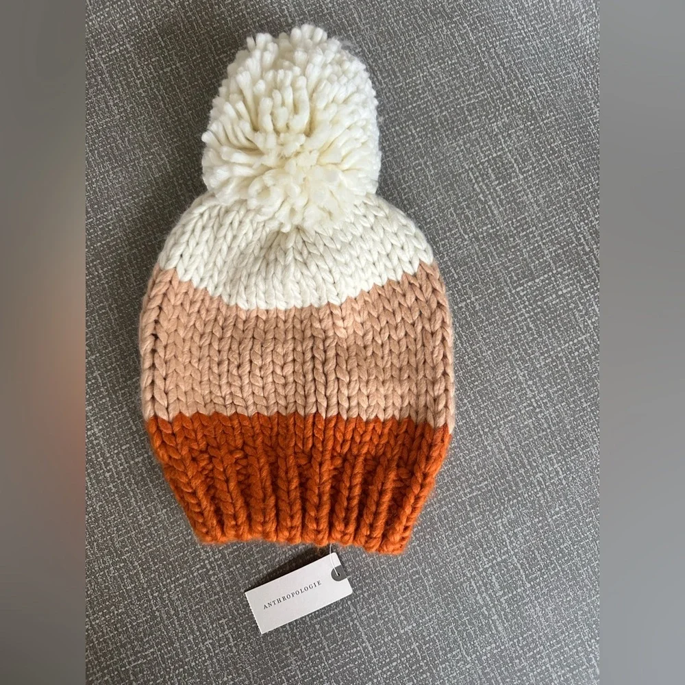 Anthropologie Colorblock Pom Beanie Orange Tan Cream Chunky Knit New with Tags!